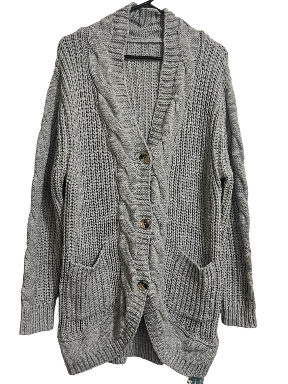CiciBird Chunky Cable Knit Cardigan Gray Button Front Pockets L